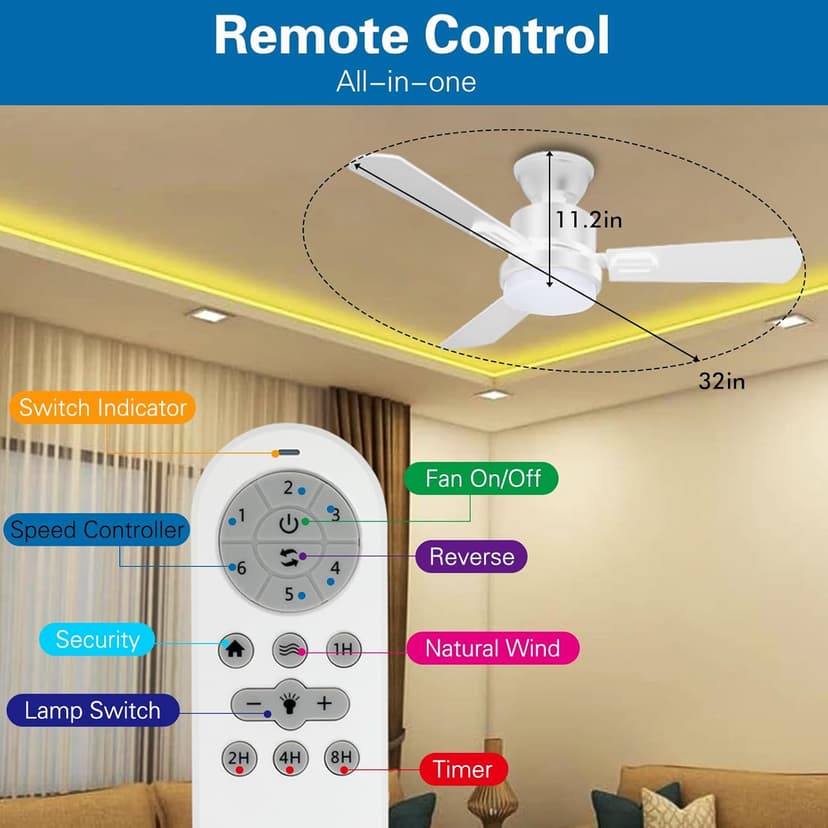 32" Ceiling Fans with Light and Remote, Energy Saving Super Quiet 6-Speed Ceiling Fan with 3CCT Dimmable Light for Indoor and Outdoor, Reversible, White and Wood