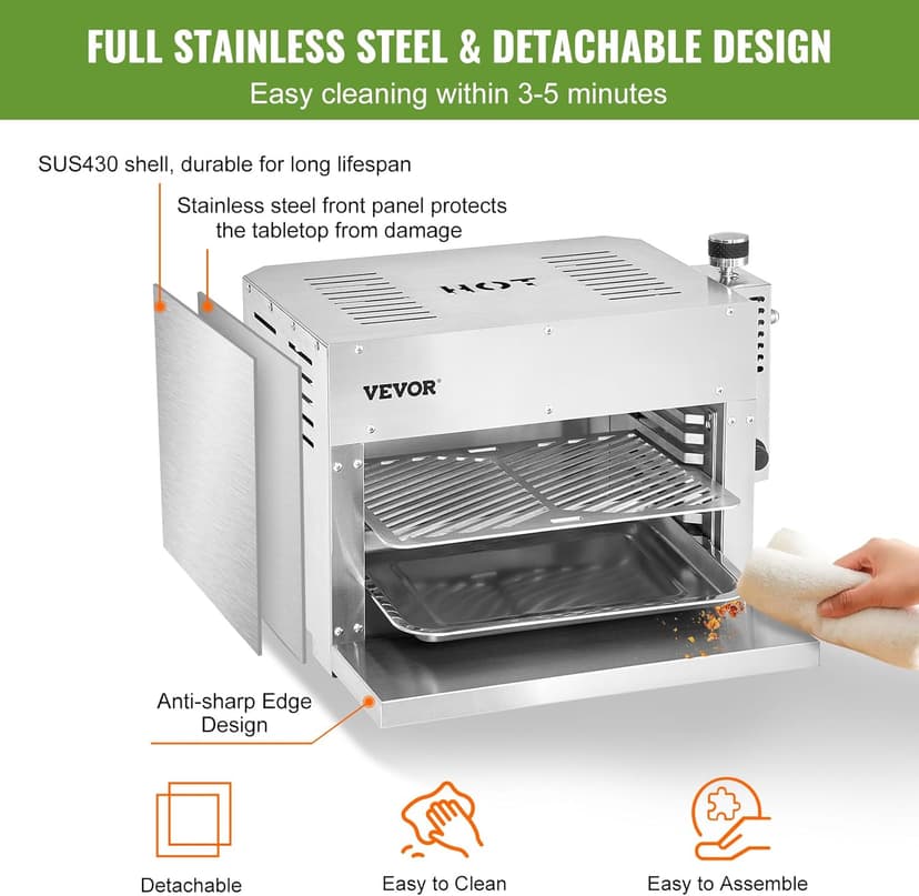 VEVOR Propane Steak Grill, Portable Propane Steak Cooker, 1500°F Stainless Steel Barbecue Infrared Grill with 6-Tier Adjustable Rack, Steak Cooker Machine for BBQ, Toast, Grill, Outdoor Picnic