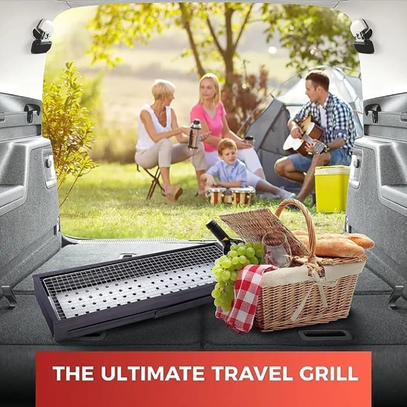 Portable Charcoal Grill, Portable Tabletop BBQ for Outdoor Cooking | Compact Folding Grill for Camping, Hiking, Picnics & Travel | 24”x13”x9” Lightweight Smoky Flavor