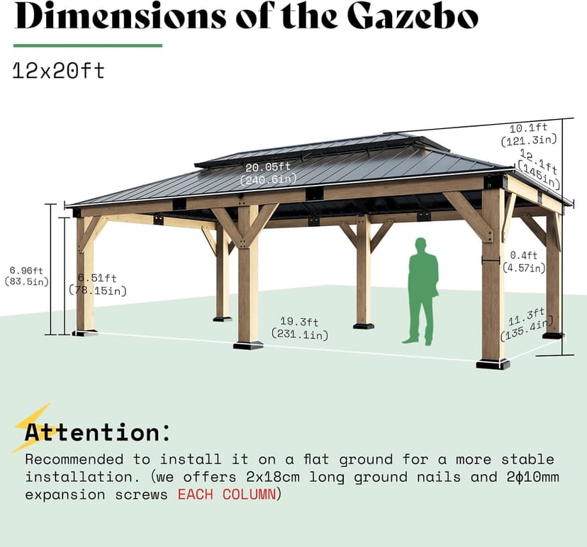 AMERLIFE 12x20 ft Hardtop Gazebo, Solid Wood Gazebo with Iron Double Roof, Outdoor Pergola with Wood Frame for Garden, Porch, Patio, Charcoal Gray + Brown Gray