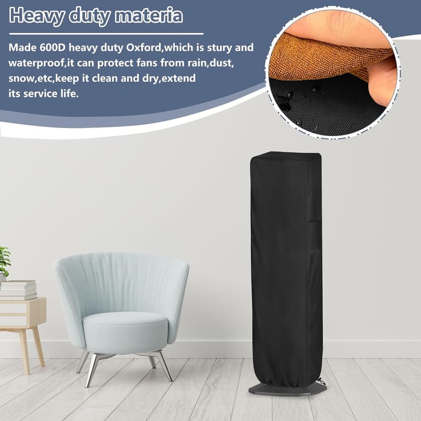 Outdoor Tower Fan Cover, Heavy Duty 600D Waterproof Dustproof Cover for Portable Electric 40-42" Tower Fans, Black