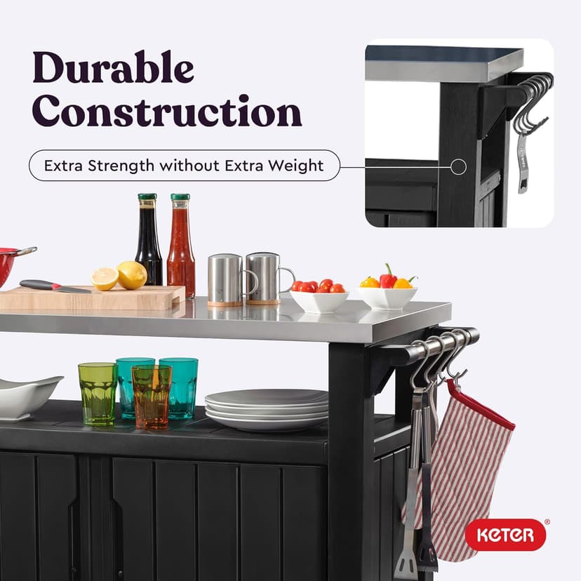 Keter Unity XL Portable Outdoor Table with Stainless Steel Top for Kitchen Prep and Outdoor Storage Cabinet for Grilling Accessories, Dark Grey