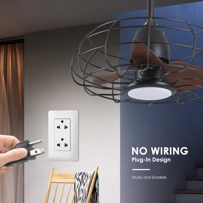 Outdoor Waterproof Ceiling Fan - 20" Caged Ceiling Fans with LED Lights, Reversible AC Motor, Low Profile Industrial Fan Light Fixture, Plug In with Hook Ceiling Fan for Outdoor Patios, Gazebo