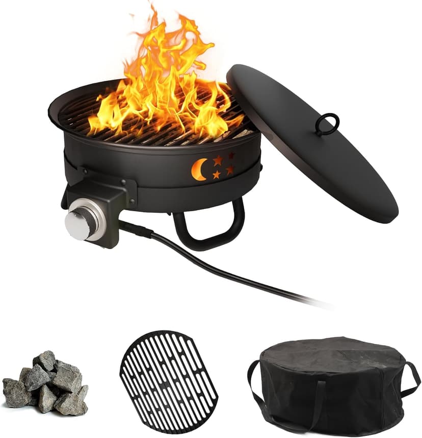Portable 17 inch Propane Fire Pit 58000 BTU Smokeless Gas Fire Bowl with Adjustable Flame,Cover Carry Kit,CSA Certified for Camping,Patio,Backyard,RV&Tailgating-Includes Hose&Lava Rocks