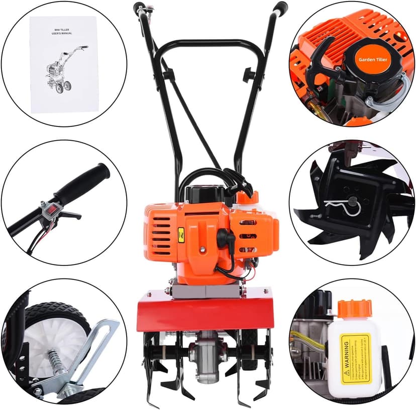 Garden Tiller Gas Powered,Garden Tiller,52cc 2 Stroke 9000RPM Cordless Tiller Cultivator,6-inch Depth Digging Petrol Cultivator 1.2L Fuel Tank Mini Tiller for Lawn Yard Soil Cultivation
