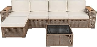 Devoko Patio Furniture Set 6 Piece Outdoor Sectional Sofa Hollow Rattan Patio Seating Sofa with Coffee Table & Ottoman for Deck, Porch, Poolside