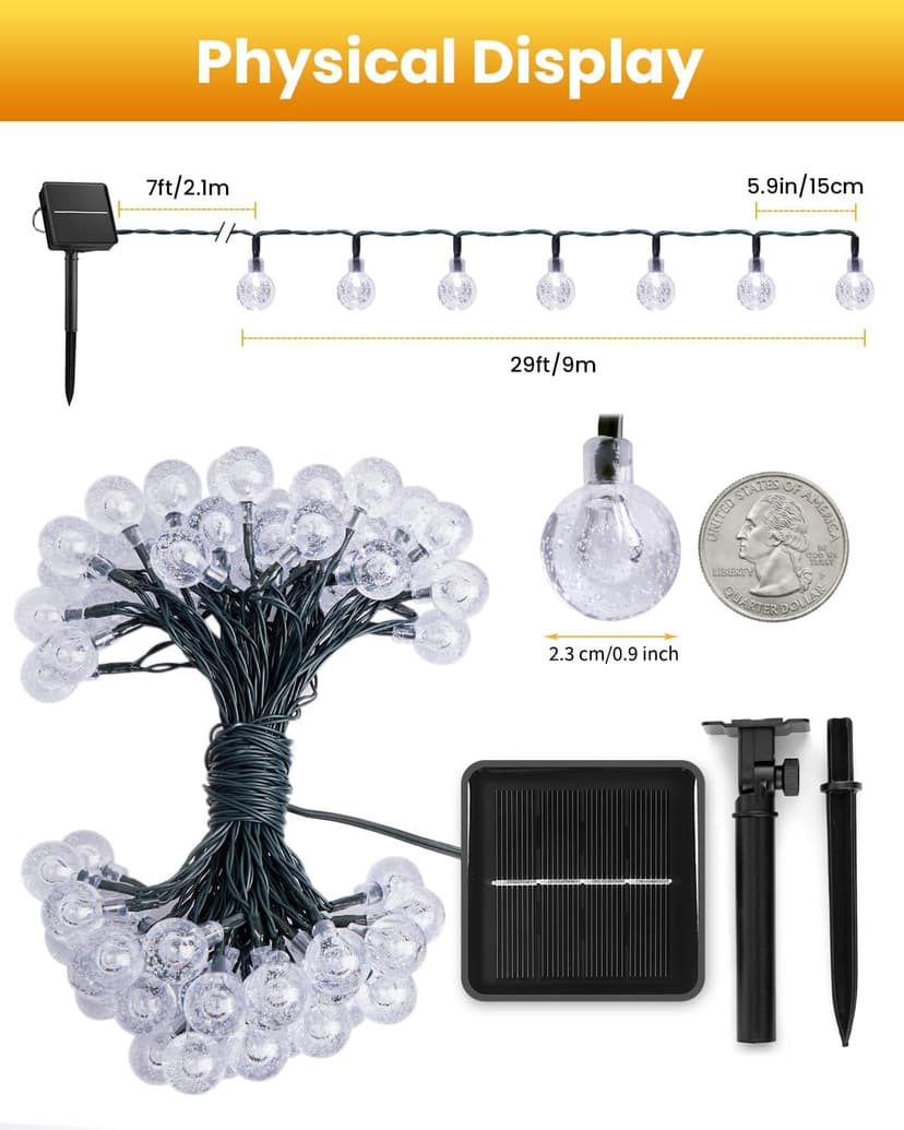 Solar String Lights Outdoor 60 LED 36FT with 8 Lighting Modes, Waterproof Solar Powered Crystal Globe Patio Lights for Garden Yard Porch Wedding Party Decor (Warm White)