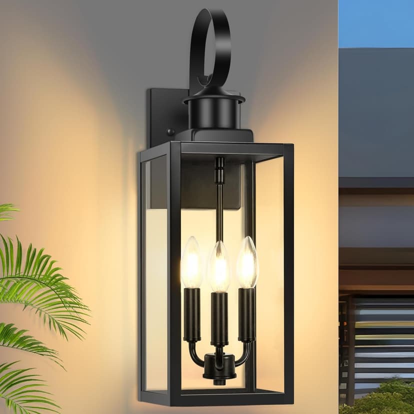 Outdoor Wall Light Fixture, 3-Light 19” Large Waterproof Outside Wall Mounted Sconce Light Fixture with Clear Glass Shade, Black Anti-Rust Exterior Wall Lantern for House, Front Porch, Garage