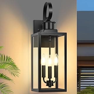 Outdoor Wall Light Fixture, 3-Light 19” Large Waterproof Outside Wall Mounted Sconce Light Fixture with Clear Glass Shade, Black Anti-Rust Exterior Wall Lantern for House, Front Porch, Garage