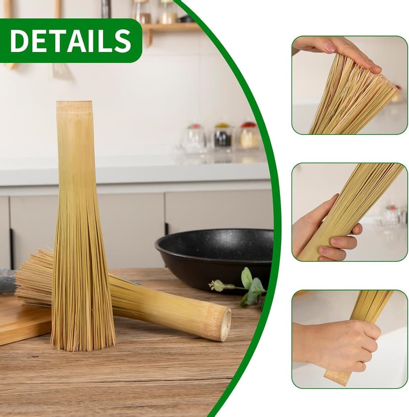 2 Packs,Bamboo Wok Brush, Refined Kitchen Cleaning Brush, Traditional Natural Bamboo Pot Brush, One Piece Structure,Powerfully Scrub Pots and Jars of Stains (Small, Flat Mouth)