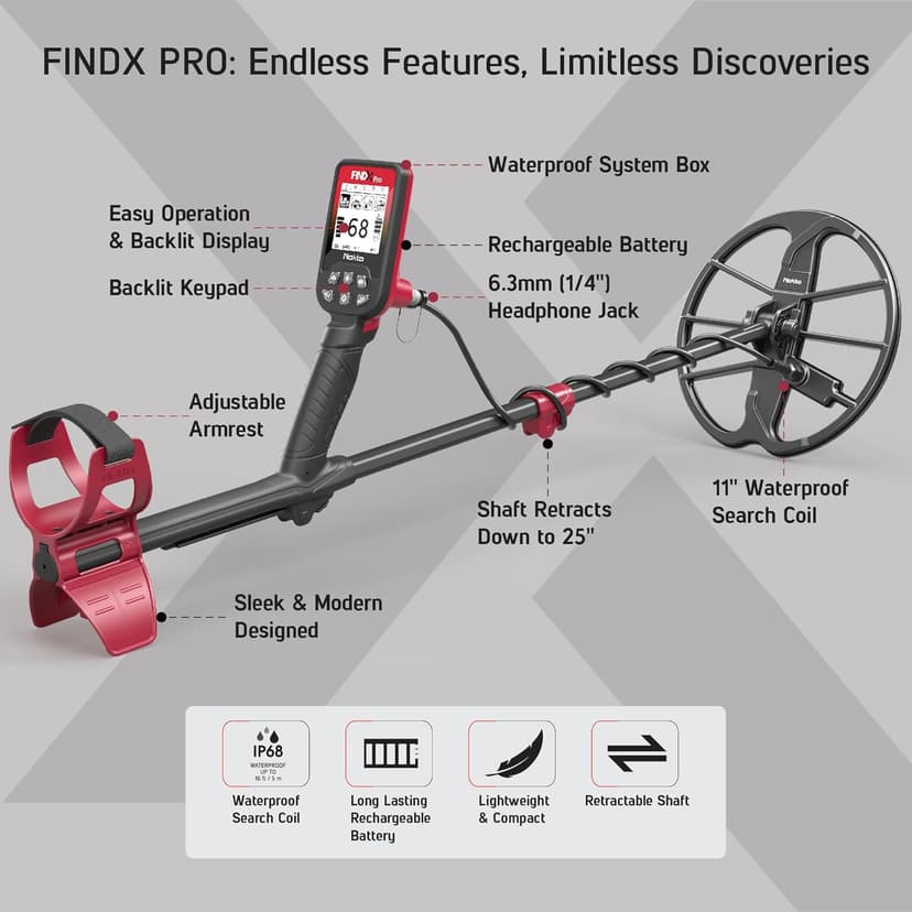 Nokta Findx Pro Metal Detector for Adults, Professional Lightweight Waterproof Gold Detector, Pinpoint, USB Rechargeable, Backlit LCD, Complete Kit with Headphones, Carrying Bag, Premium Digger