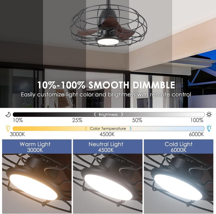 Outdoor Waterproof Ceiling Fan - 20" Caged Ceiling Fans with LED Lights, Reversible AC Motor, Low Profile Industrial Fan Light Fixture, Plug In with Hook Ceiling Fan for Outdoor Patios, Gazebo