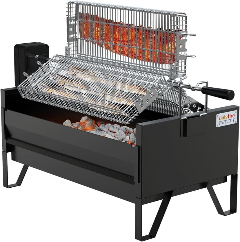 Onlyfire 2 IN 1 Charcoal Grill Rotisserie Kit with 3 Stainless Steel Rotating Baskets and 24 In Grill Grate, Auto Swivel BBQ Roasting Machine for Outdoor Patio Backyard Barbecue, GS304
