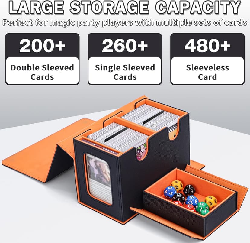 Commander Deck Box for MTG, Card Deck Box with Dice Tray and Display Window, Fits 200+ Double-Sleeved Cards, Magnetic Leather Trading Card Storage Case for Magic Game Cards (Black & Orange)