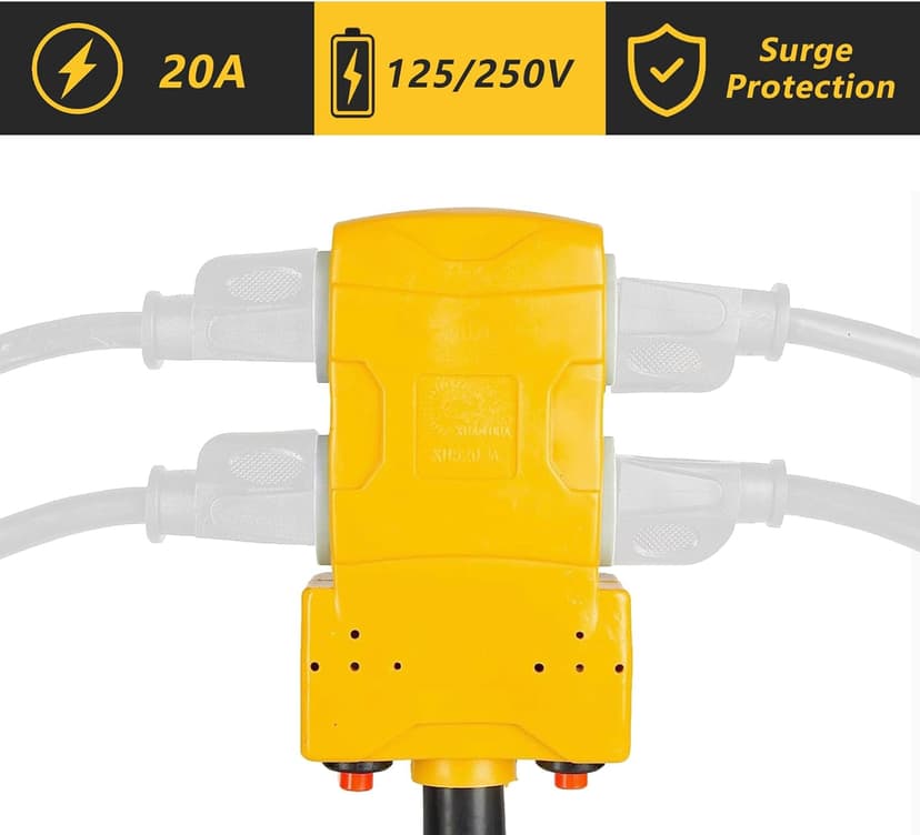 50 Amp to 20 Amp 110V RV Distribution Adapter, NEMA 14-50P to 4 X 5-20R/15R RV Generator Adapter, 4-Prong to Mutiple Household Outlet w/ 20amp Circuit Breaker, 1.5FT