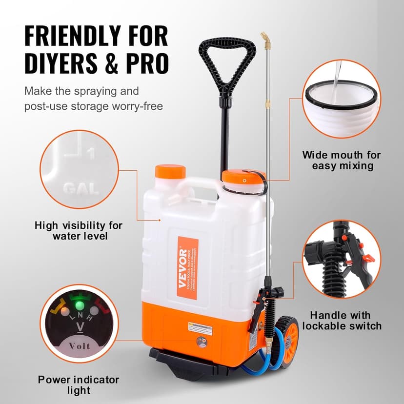 VEVOR 4 Gallon Battery Powered Backpack Sprayer with Wheeled Cart, Adjustable 0-94 PSI, 13FT Hose, 6 Nozzles, 2 Wands Included, Wide Mouth Lid for Weeding, Cleaning, Long Spray Time, White+Orange