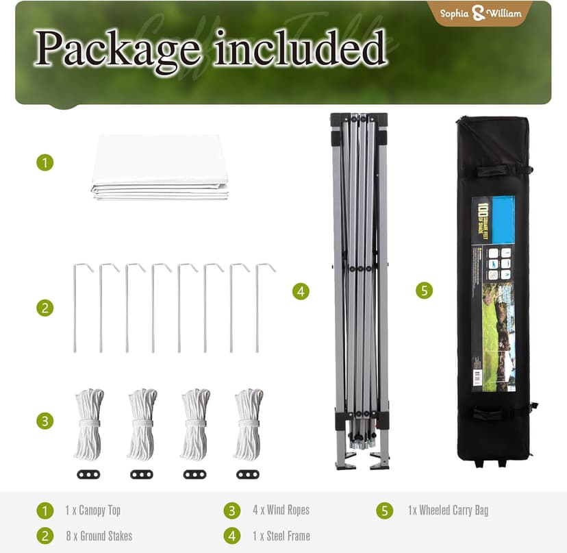 Canopy Tent Pop Up 10x10 ft, Outdoor Patio Portable Commercial Canopies Shelter Heavy Duty Straight Legs with Roller Bag, 8 Stakes, 4 Guy Ropes, UPF50+, White, Sophia & William