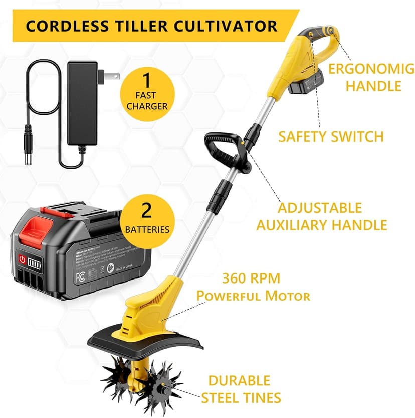 21V Cordless Tiller Cultivator, 360 Max RPM Cordless Electric Garden Tiller with 2 * 3.0 Ah Battery & Fast Charger, 9.06" Tilling Width, 6.3" Depth, Portable Rotary Tiller for Lawn Soil Cultivation