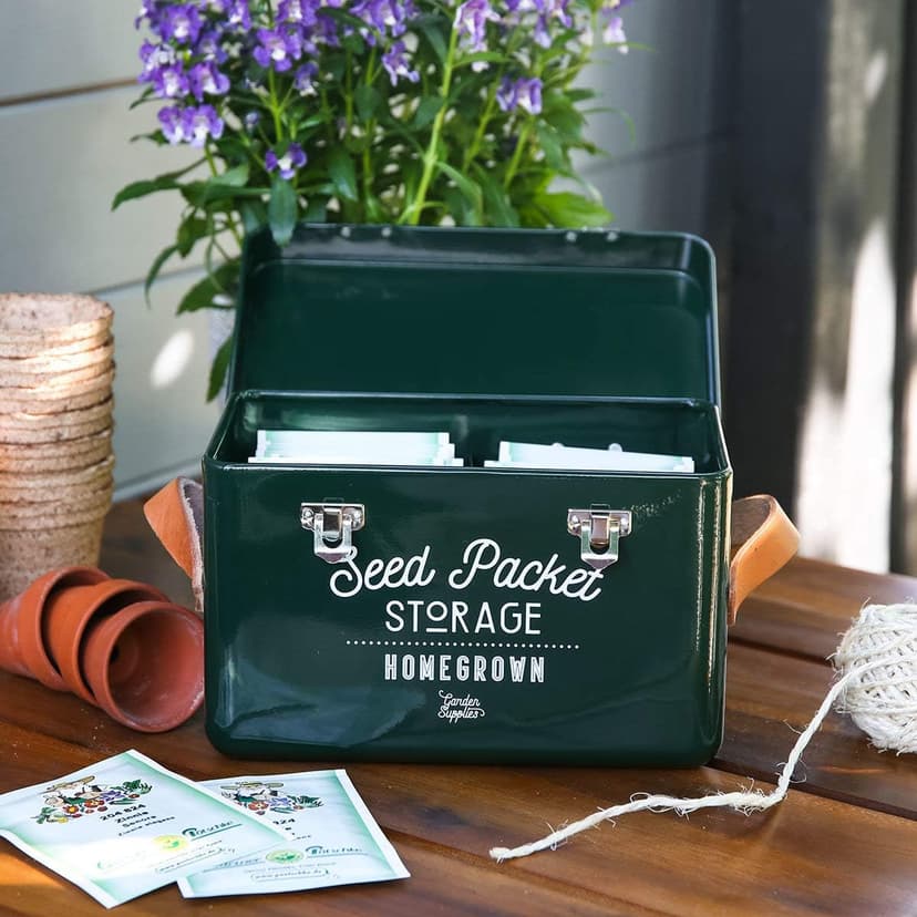Burgon & Ball Seed Packet Storage Box Container Tin in Frog Green with Inside Dividers for Organization with Lid, Side Handles and Latches