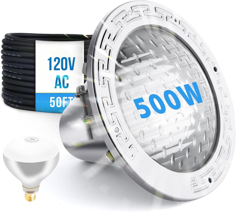120V 10-Inch Pool Light for Inground Pools, IP68 Waterproof Pool Lights, Includes 2 x 500W Incandescent Bulbs, 50ft Cord - Direct Replacement Pentair EC602168, Fits 10'' Pool Niche