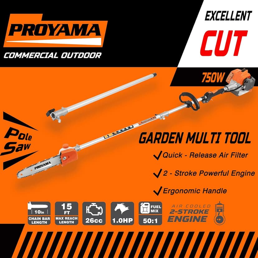 PROYAMA 26cc 6 in 1 Multi Functional Trimming Tools, Gas Hedge Trimmer, Weed Eater, String Trimmer, Brush Cutter, Edger, Pole Saw Chainsaw Pruner with Extension Pole