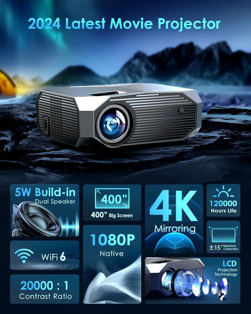 YOWHICK 4K Projector with WiFi and Bluetooth, 20000L Native 1080P Outdoor Portable Movie Projector, Smart Video Projector, 50% Zoom/400" Display, Compatible with HDMI/USB/PC/TV/PS5/DVD/Android/iOS