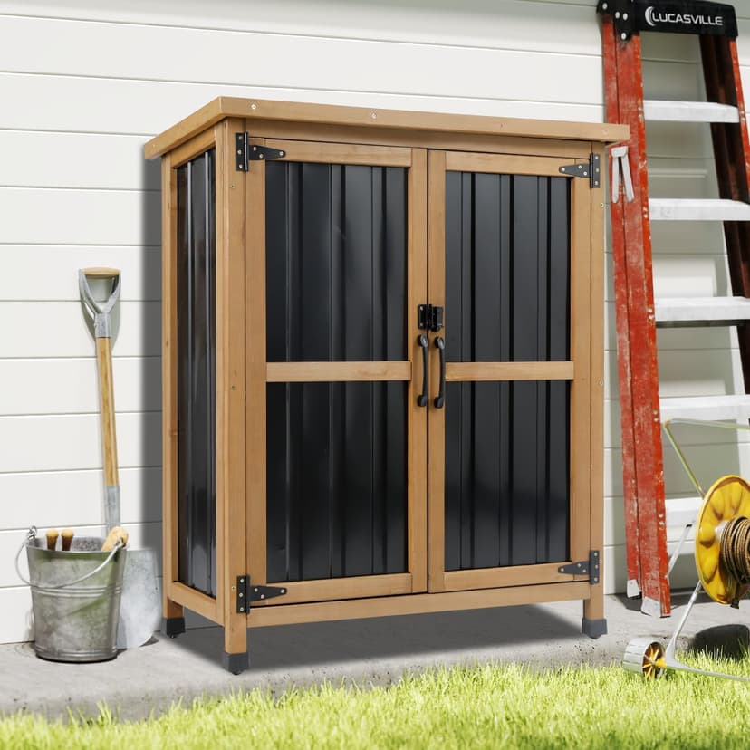 Outdoor Storage Cabinet, Weatherproof Horizontal Storage Shed Box with Lockable Doors, Wood & Metal Patio Backyard Organizer for Lawn Equipment, Gardening Tools, Pool Accessories Yard Supplies