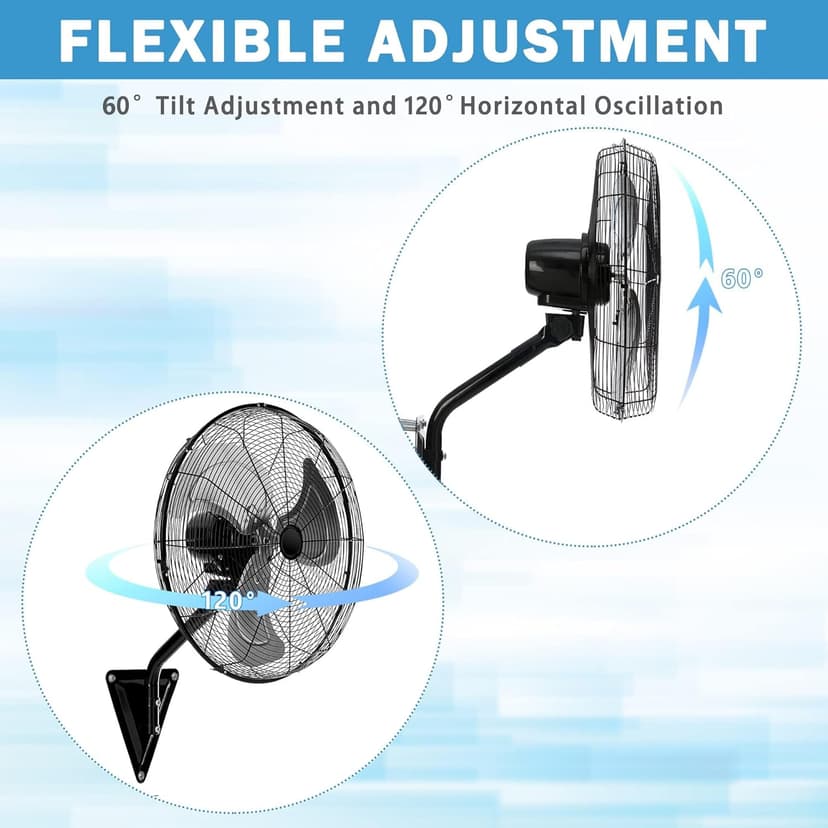 Wall Mount Fan Oscillating,Industrial Heavy Duty Metal 3 Speed Fan,20 Inch High Velocity Adjustable Tilt,Use for Garage, Shop,Warehouse, Patio, Factory and Homes.