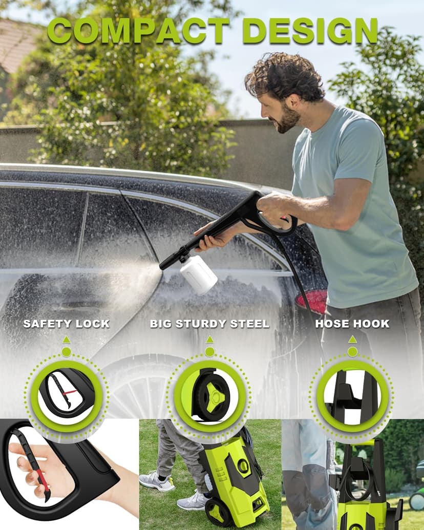 AgiiMan Electric Pressure Washer - 4800PSI Max 3.2 GPM Power Washer with 35FT Power Cord, 20FT Hose, Soap Tank, High Pressure Washer Electric Powerd Car Cleaning for Garden, Patios, Yard, Green