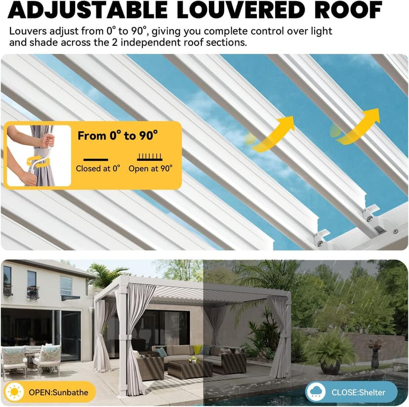Louvered Pergola 10x12ft, Adjustable Aluminum Pergola with Waterproof Curtains and Nets, Sun & Rain Shade for Patio, Modern DIY Outdoor Living Upgrade, White