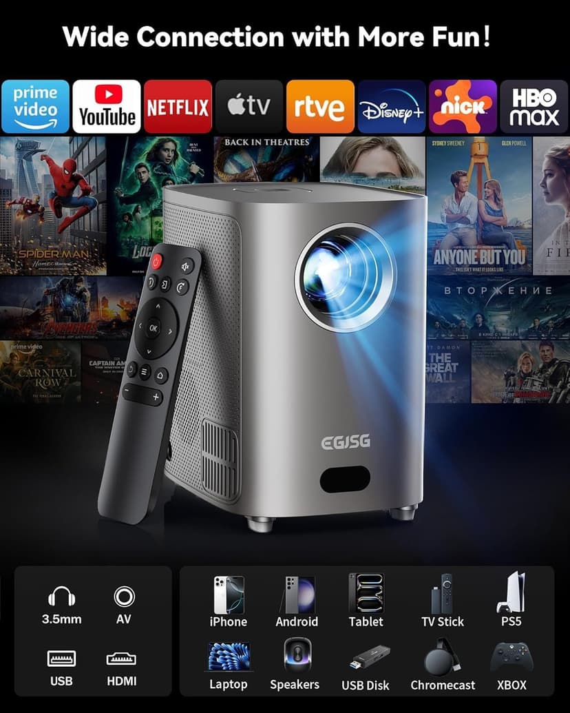 [One-Button Focus] Projector with WiFi and Bluetooth, 4K Outdoor Projector with Carry Bag, Portable Movie Projector with Zoom Function, Home Theater Projector for Phone/TV Stick/PC