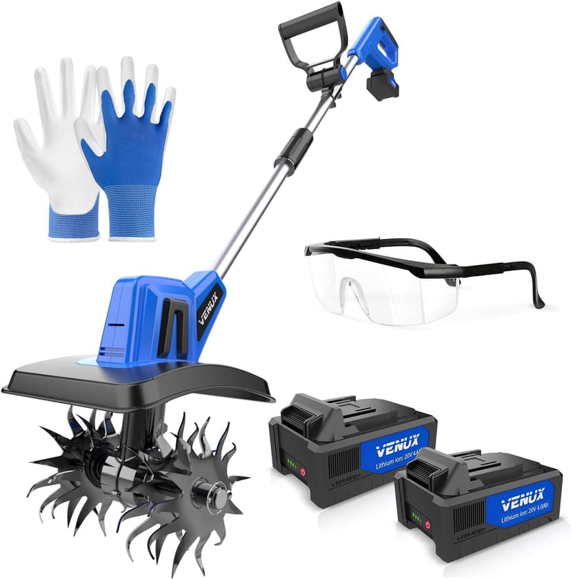 VENUX 20V Cordless Tiller Cultivator Electric Garden Tiller- 2 Batteries 4.0AH Included, 48 Steel Anti-Rust Tines 360RMP Tilling 9-in Width & 6.6-in Depth, Safety Gloves & Glasses Included