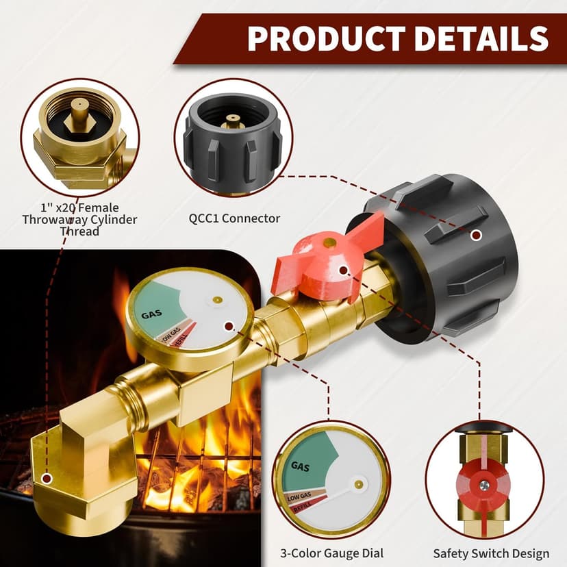 Propane Refill Adapter (Elbow) Design with Valve and Gauge, Upgraded Propane Refill Adapter 20lb to 1lb Converter, QCC1 Propane Tank Refill Adapter, with ON/Off Control