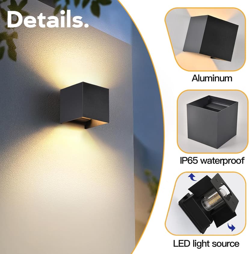 2 Pcs G9 Outdoor Wall Lights Exterior/Interior Wall Sconces Up and Down Lights IP65 Waterproof Modern Outdoor Lighting Square Aluminum Black 3000K Warm Lights Replaceable bulb, Adjustable Light Angle