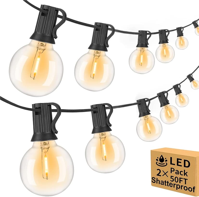 100ft Outdoor String Lights Waterproof/Connectable/Dimmable with 52 LED Shatterproof Bulbs,2-Pack 50ft UL Listed Globe G40 String Lights Outside Lighting for Patio Backyard Cafe Party Wedding Garden