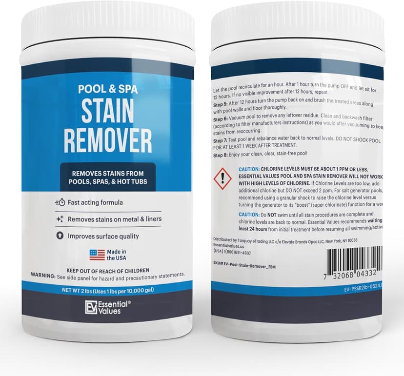 Essential Values Swimming Pool & Spa Stain Remover (2 LBS) - Compatible with Vinyl Liners, Fiberglass & Metals - Effective Formula Removes Rust & Tough Stains