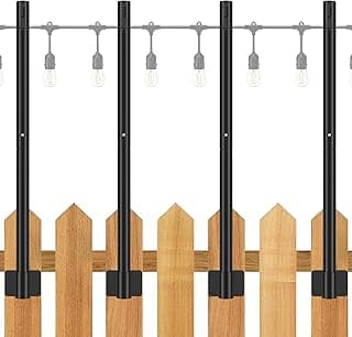 Suchtale 4 Pack 2.8 FT String Light Poles, Suspension Outdoor Fence Post Lights with Clip and Bracket, Outside String Lights Hanging, Wall Mounting Stand for Patio Garden Backyard Wedding Party, Black