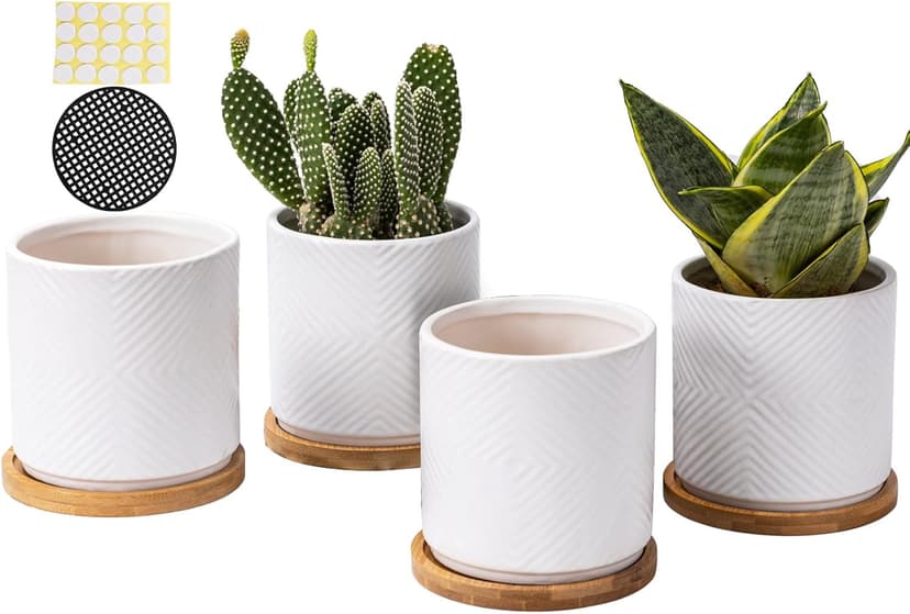 AOMRYOM 4 Inch Ceramic Plant Pots with Drainage Hole and Saucer, Modern Small Indoor Outdoor Flower Planter for Succulent, Cactus and Herbs, Geometric Patterns, White, Set of 4 (Plant Not Included)