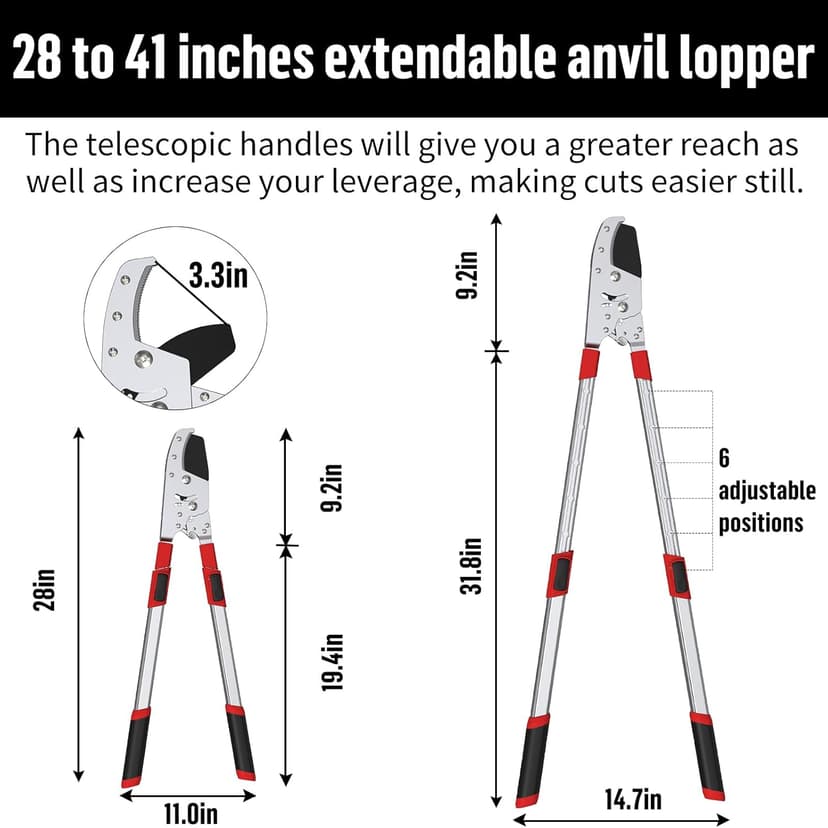 GARTOL Heavy-Duty Extendable Loppers, 28"-41" Telescopic Tree Trimmer, Double Ratcheting Branch Cutter, Anvil Lopper for Thick Branches, Cuts 2" Dry Wood