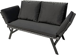 Greesum Outdoor Sofa, Woven Rattan Patio Furniture, Convertible Daybed or Double Chair with Adjustable Armrests, Cushions and Pillows for Yard, Porch, Pool, Black Lounger & Black Pillowcase