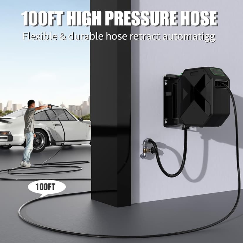 Buyplus Wall Mounted Pressure Washer, 5200PSI 3.2GPM Electric Power Washer, Remote Controlled with 100FT Retractable Hose, GFCI Power Cord, Foam Cannon, 5 Nozzles for Cars, Driveways, Patios, Black