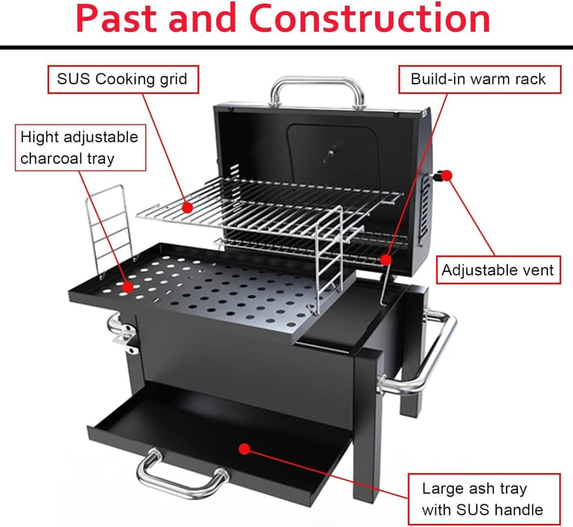 Portable Charcoal Grill, Tabletop Charcoal Grill, Small BBQ Grill with 2-layer Grates and Thermometer(100-800°F), Outdoor Charcoal Smoker for Camping, Picnic, Hiking, Beach and Travel