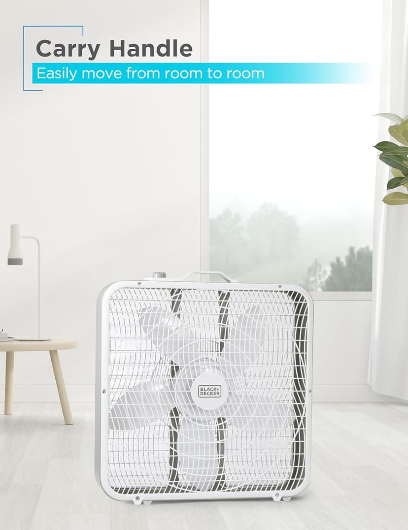 BLACK+DECKER Box Fan with 3 Speed Settings, 20” Box Fan with Carrying Handle, Rotary Knob and Recessed Cord Storage, Portable Fan and Cooling Fan for Home, Office, Garage, Basement & More