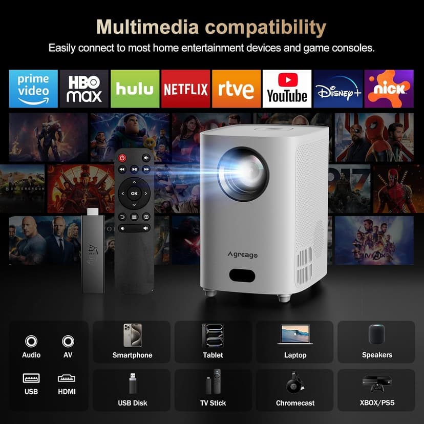 [Electric Focus]Projector with WiFi and Bluetooth, Native 1080P 15,000 Lumens 4K Supported, Agreago Outdoor Movie Projector for Home Theater UP to 300", for iOS/Android/Laptop/TV Stick/HDMI/USB