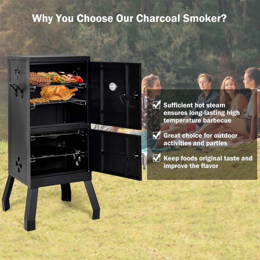 DORTALA Vertical Charcoal Smoker, Outdoors Charcoal Barbeque, Smoked Carbon Oven, Iron Structure, w/Two Chrome-plated Nets, Two Charcoal Pots, Suitable for Lawn Picnic, Backyard BBQ (Black)