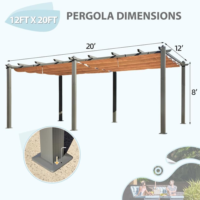 EROMMY Outdoor Retractable Pergola 12' x 20', Outdoor Aluminum Freestanding Shelter with Adjustable Sun Shade Canpoy for Patios, Beige