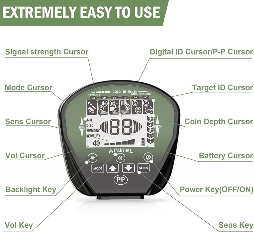 Metal Detector for Adults Professional, Higher Accuracy Gold and Silver Detector, Metal Detector Waterproof Pinpoint, Bigger LCD, 5 Mode, 10" IP68 Coil, New Advanced DSP Chip, Green