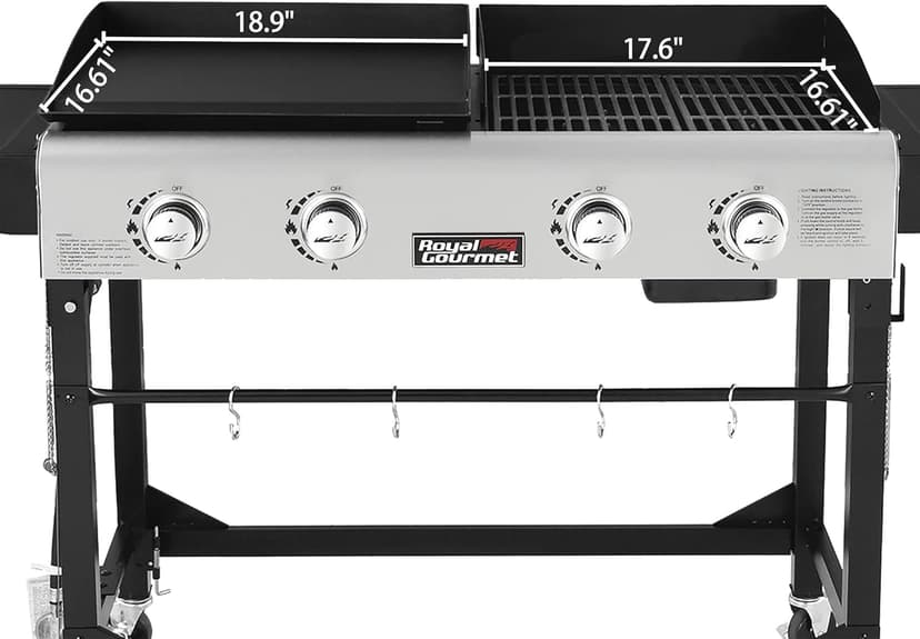 Royal Gourmet GD401 Portable Propane Gas Grill and Griddle Combo with Side Table | 4-Burner, Folding Legs,Versatile, Outdoor | Black 66 Inch