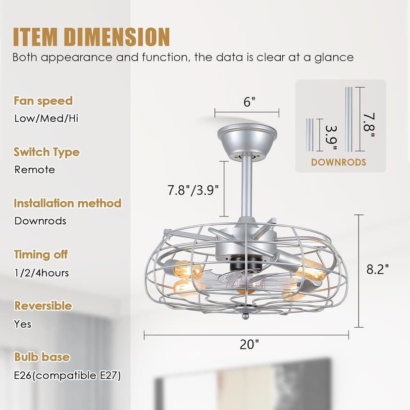 Asyko Outdoor Caged Ceiling Fans with Lights - Bladeless Low Profile Ceiling Fan Light with Remote, 19" Enclosed Ceiling Fan for Covered Outdoor