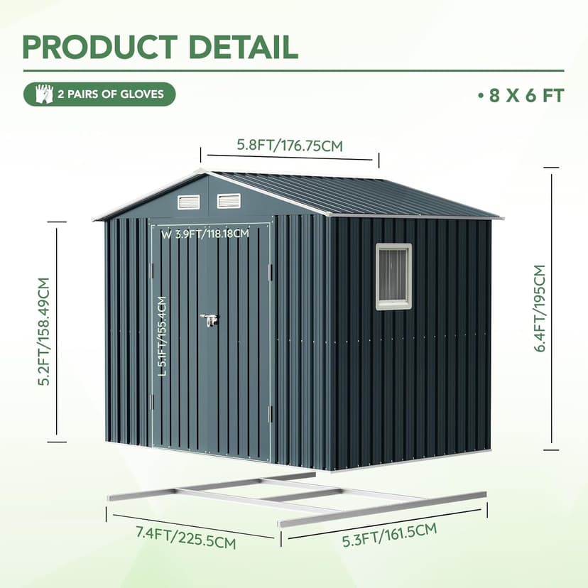 8x6FT Outdoor Steel Storage Shed with Frame Floor,Clear Window, Lockable Doors, Weather-Resistant Metal Tool Shed for Garden, Backyard, Patio, and Utility Storage